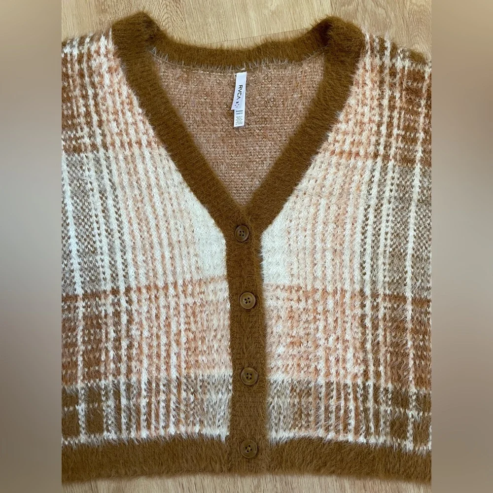 RVCA rare plaid v-neck cardigan women’s medium sweater brown tan cream unisex - Picture 7 of 10